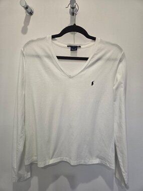 Women's Ralph Lauren Sport White Cotton V Neck Long Sleeve Logo Tee Top   Large